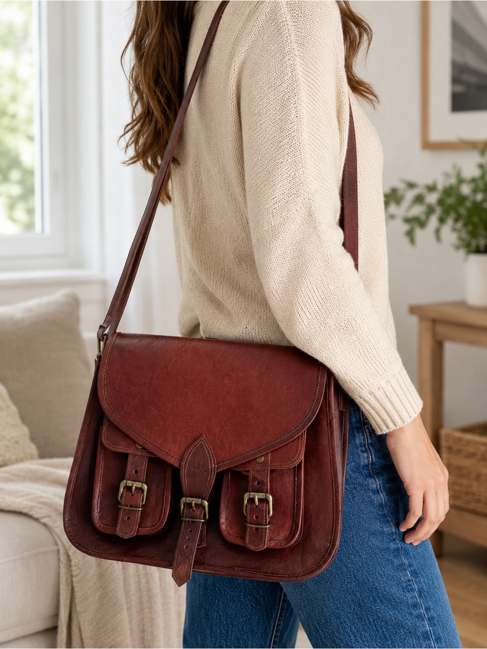 Vintage Burgundy Leather Messenger Satchel Bag Brass Buckle Crossbody